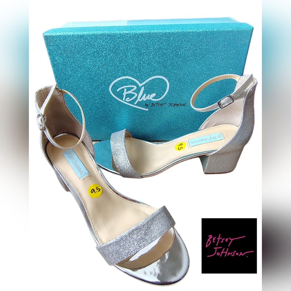 Betsey Johnson "Blue" Silver Glitter 2.5" Mari Heel Ankle Strap Shoes Sz 9.5